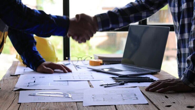 Team of Architects working on a sketch of the project in office. Designers developing drawings, builders discussing blueprints. mortgage loan engineer, house, industry, project, design, 4K side view.