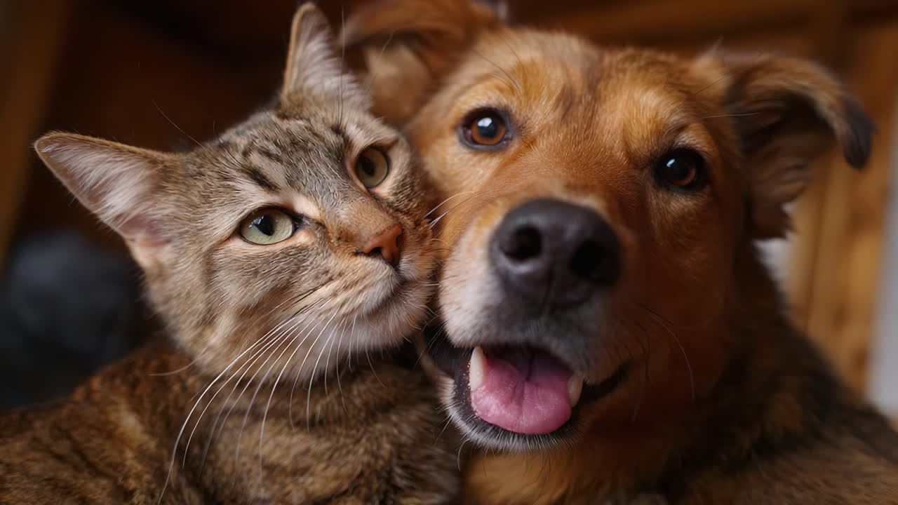 Um momento emocionante entre um gato e um cachorro, mostrando seu laço inabalável e sua amizade em um ambiente interno aconchegante, cheio de carinho e alegria