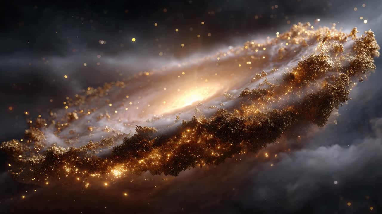 Spettacolari turbinii cosmici di luce e polvere: un viaggio mozzafiato attraverso il cuore di una galassia, illuminata da stelle e fenomeni cosmici
