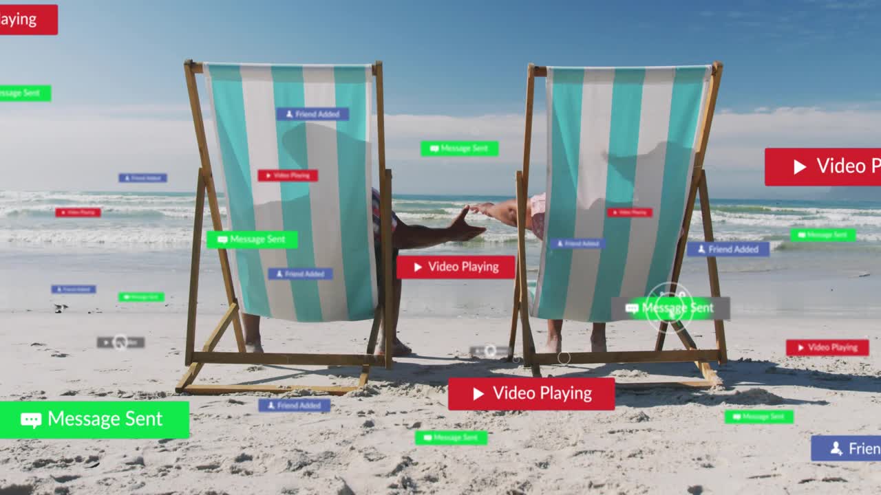 Badge UI digitali che appaiono sopra sedie a sdraio, un uomo che si protende, una donna che unisce le mani, rafforzando il legame
