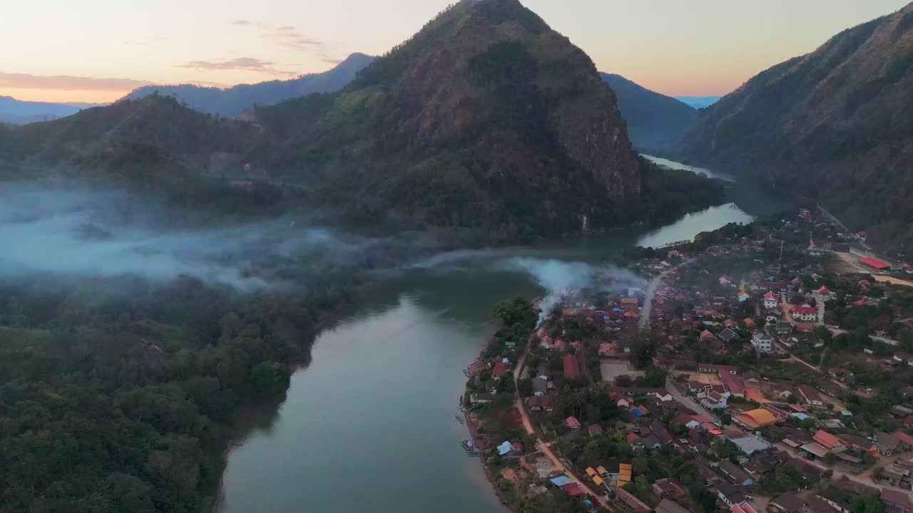 Aerial at sunset of Nong Khiaw village in northern Laos Mountains river nature landscape