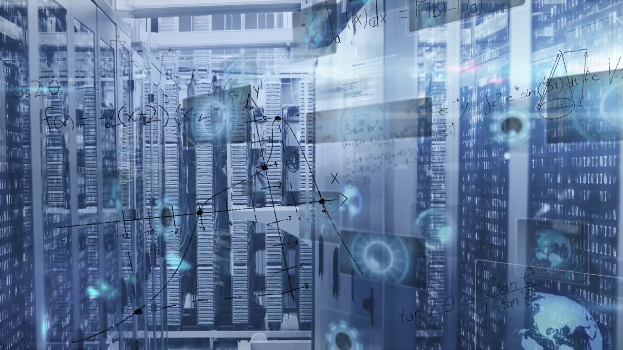 Animation of mathematical equations and data processing against computer server room