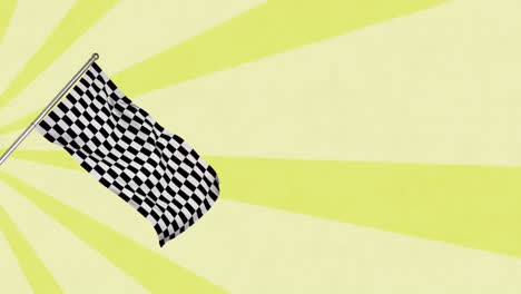 Animation-of-checkered-finish-flag-over-rotating-yellow-stripes-moving-in-seamless-loop