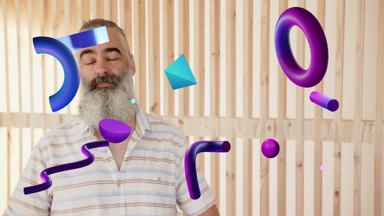 Man tracking 3D shapes appearing before face over wooden slats, showing technology overlay