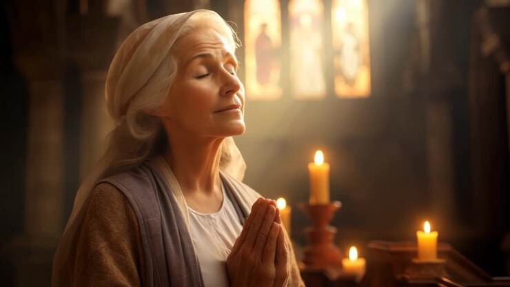 Elderly Woman Praying in a Dimly Lit Church