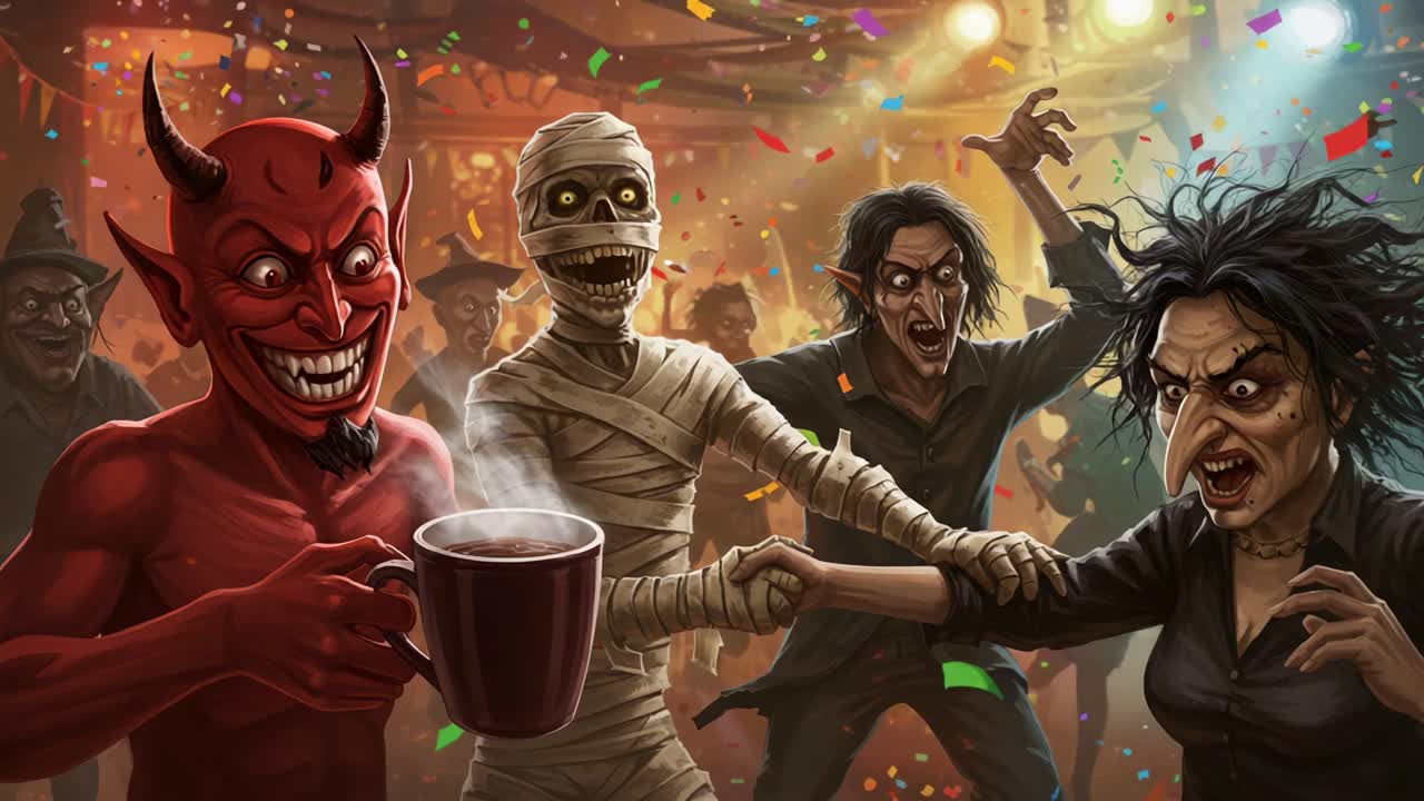 A Spooky Celebration: A Group of Monsters, Including a Devil, Mummy, and Witch, Enjoying a Festive Party Atmosphere with Colorful Confetti and Eerie Decorations