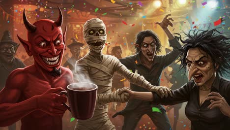 a spooky celebration: a group of monsters, including a devil, mummy, and witch, enjoying a festive party atmosphere with colorful confetti and eerie decorations