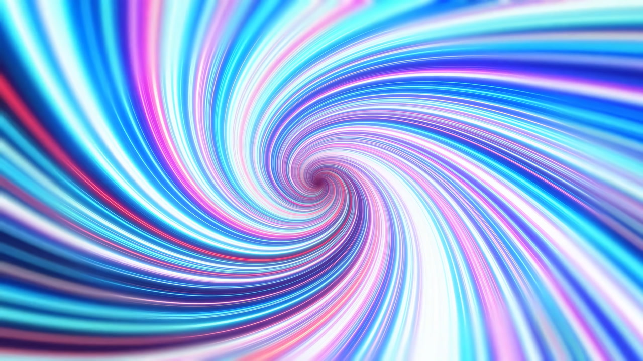 Swirling Pastel Vortex Blue Pink Neon Rays Form Glowing Gradient Bands In Fluid Spiral, Glossy Motion Tunnel
