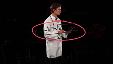 Animation-of-mathematical-equations-over-male-doctor-using-tablet