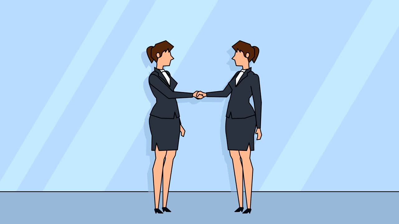 Animazione concettuale: personaggi femminili di affari in stile cartone animato flat che si stringono la mano per successo, accordo e consenso del team