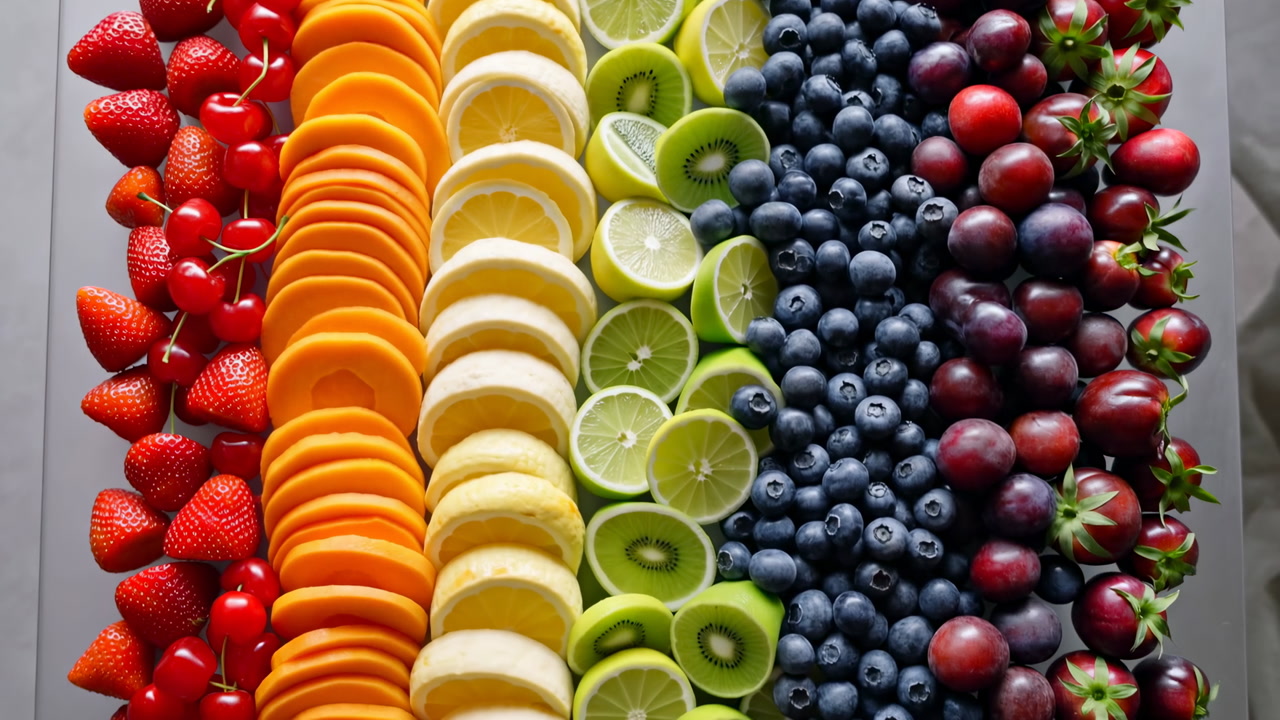 Sliced Fruit Rainbow On Tray, Overhead Closeup Of Vibrant Striped Arrangement With Strawberries, Orange