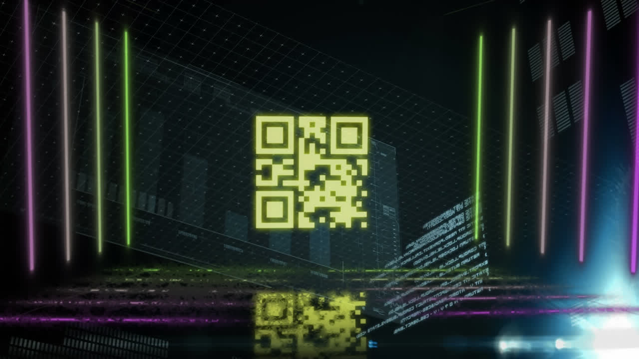 Digital animation of neon yellow qr code and glowing lines over data processing on blue background