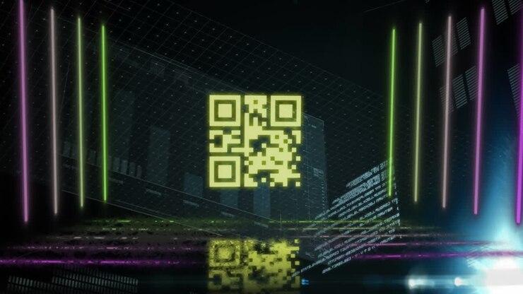 Digital animation of neon yellow qr code and glowing lines over data processing on blue background