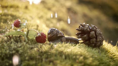 Close-up-wildlife-of-a-and-wild-strawberries-and-snail-in-heavy-rain-in-the-forest.-Shot-on-super-slow-motion-camera-1000-fps.