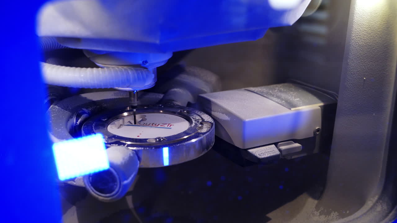 Manufacturing of dental crowns. Dental milling machine to cutting the shape of teeth