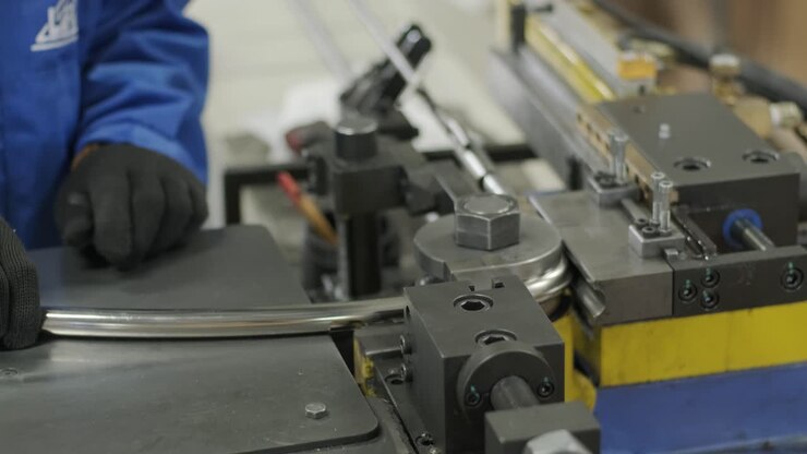 Macchina piegatrice industriale per la piegatura di tubi metallici in fabbrica. Macchina automatica per la lavorazione dei metalli per la tornitura elettronica di tubi metallici e la piegatura a freddo in un capannone industriale presso un impianto di produzione.