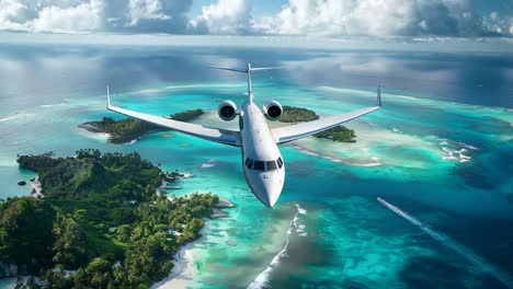 private jet over tropical island paradise