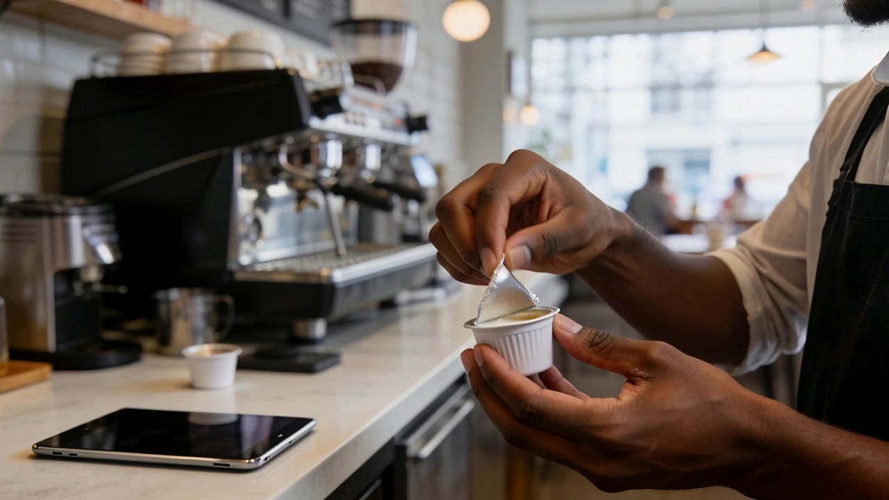 Mani di barista che staccano il coperchio di alluminio da una tazza di panna al bancone del caffè, con grembiule