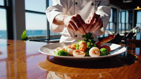 chef preparing a delicious seafood dish with ocean view