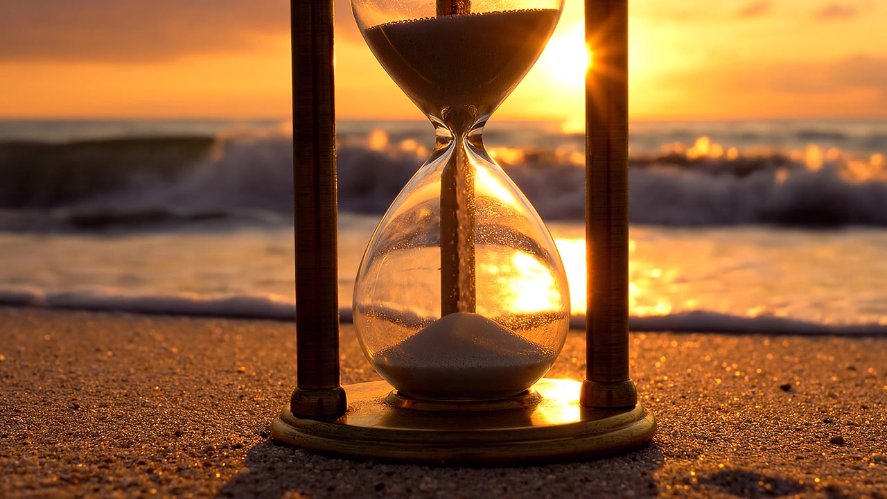 Hourglass on a Sandy Beach with Ocean Sunset Background