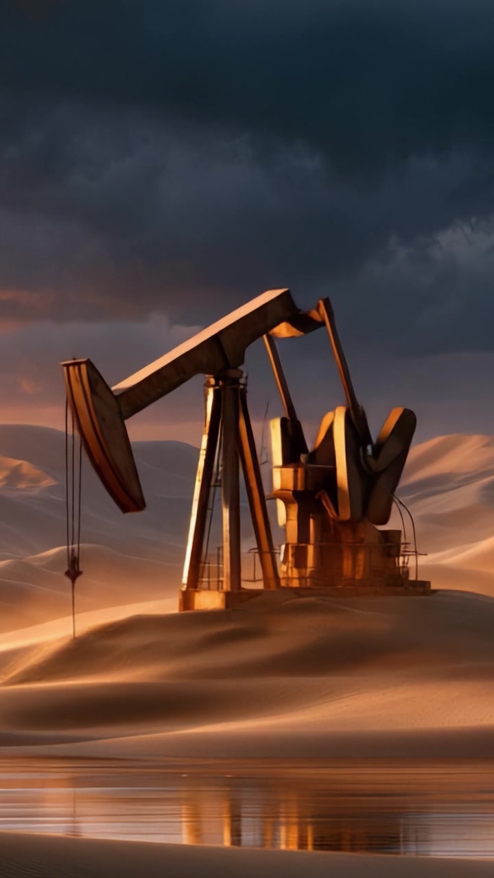 An Evocative Journey Through Time: The Oil Pump Jack Standing Resiliently in a Desert Landscape, Capturing the Essence of Energy Extraction Amidst Nature's Majesty