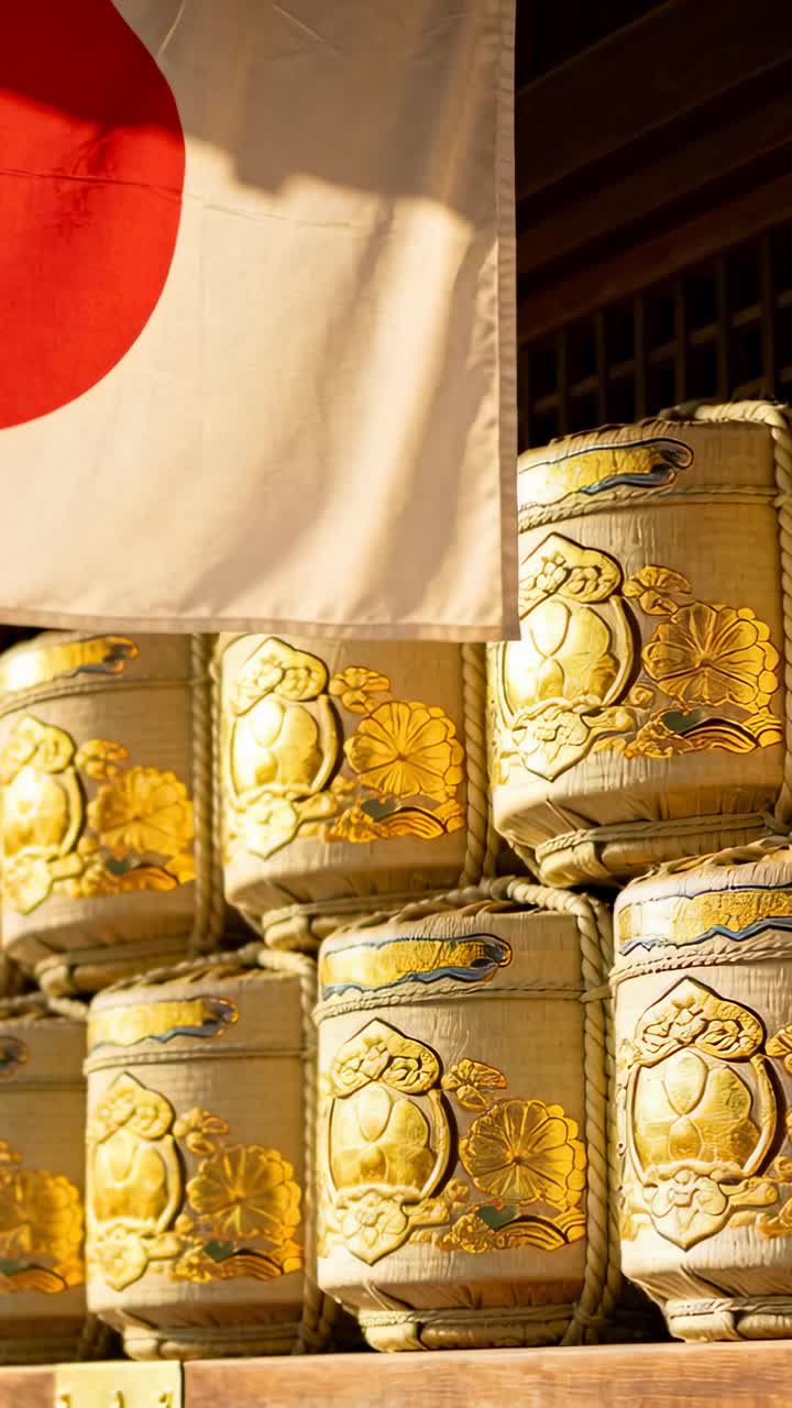 Video vertikal: Kamera yang melakukan panning memperlihatkan tumpukan barel sake dan bendera Jepang di kuil, motif emas