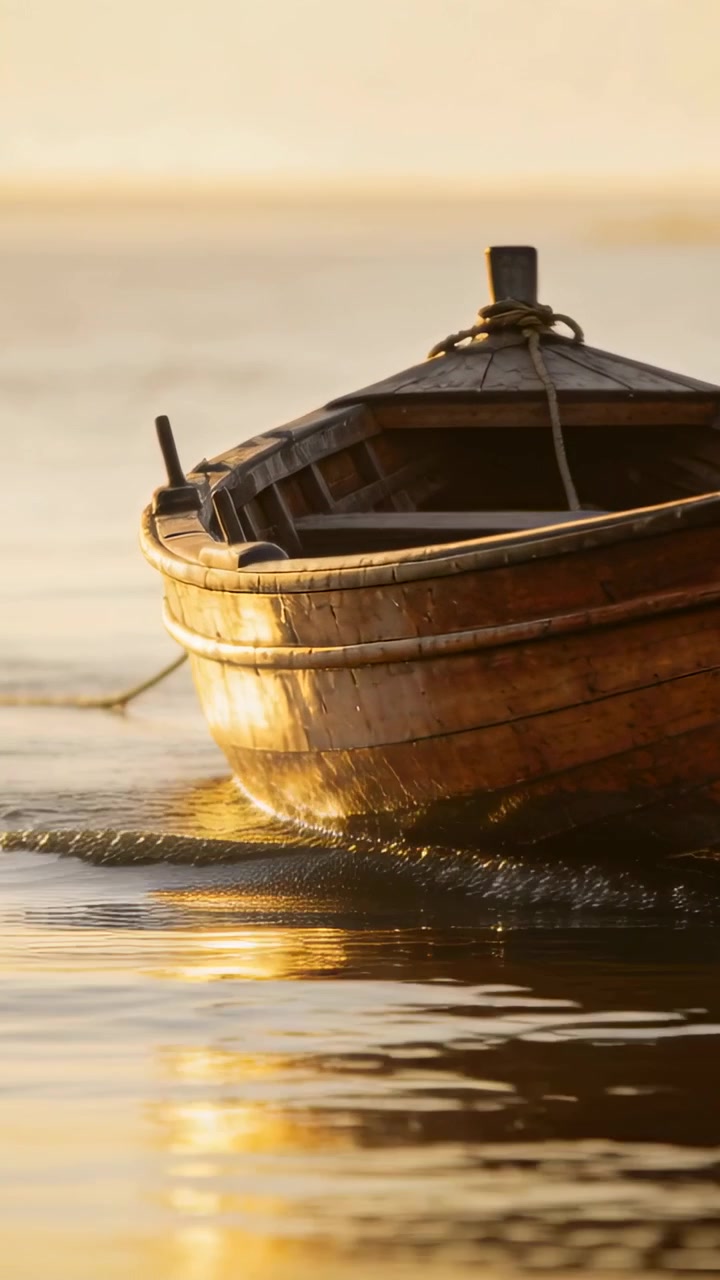 Video verticale: Barca di legno che ondeggia su un mare caldo, con increspature che spingono la prua e una corda che tiene la barca per il viaggio