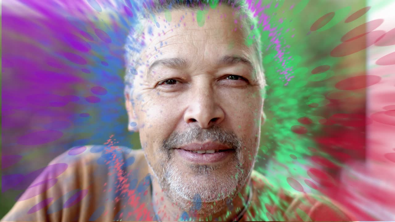 Man on porch smiling into laughter as paint-splash ring appearing around face, boosting marketing