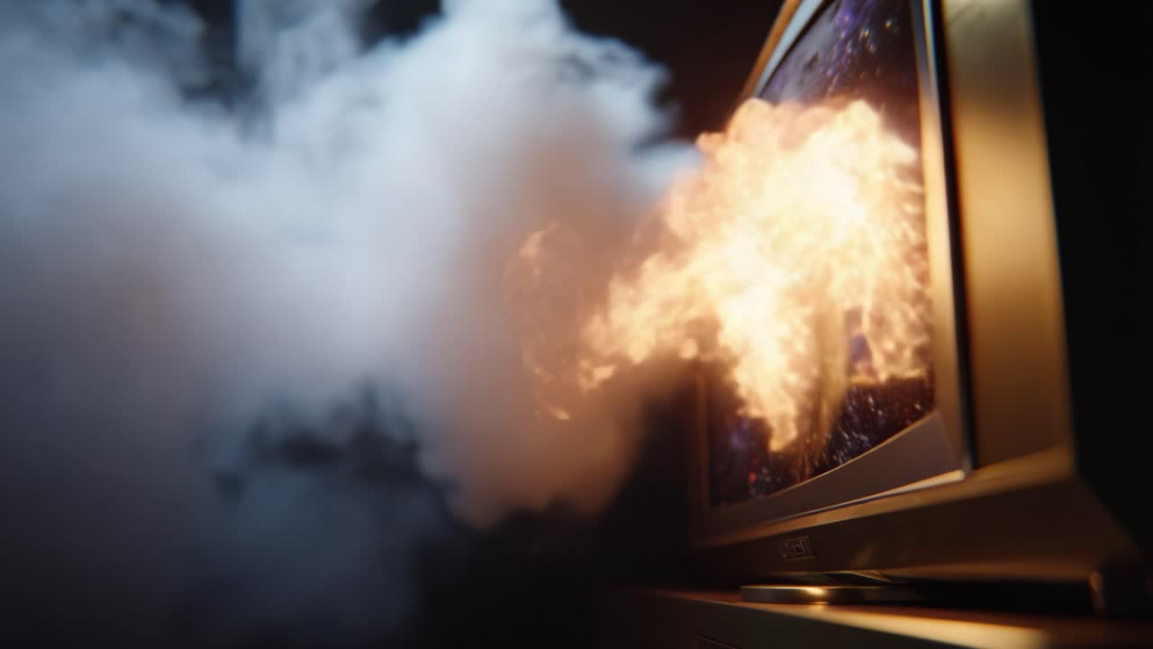 Fiamme esplosive che eruttano da un televisore vintage circondato da fumo mistico, creando una scena inquietante e accattivante di fuoco e mistero.