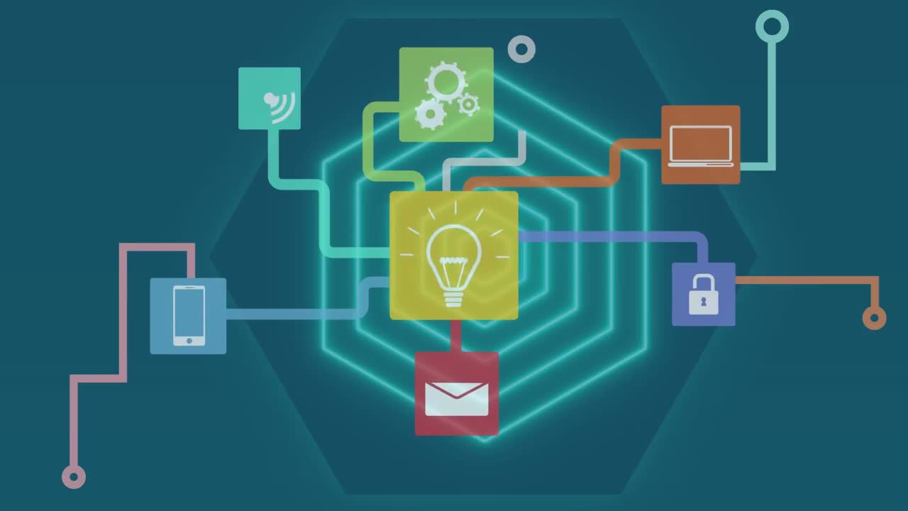 파란색 배경에 육각형 패턴 위에 여러 아이콘의 다채로운 흐름 차트의 애니메이션