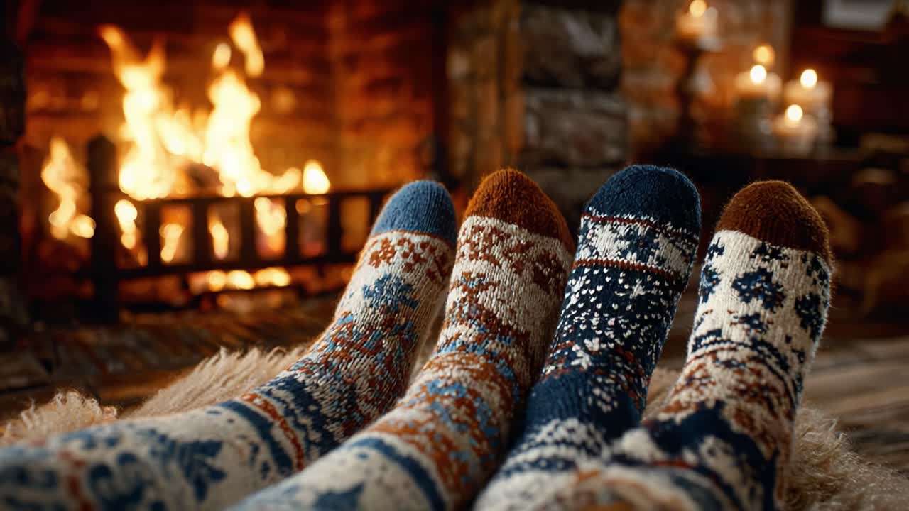 Cozy Comfort: A Heartwarming Scene of Colorful Knitted Socks by a Crackling Fireplace, Perfectly Capturing the Essence of Winter Warmth and Togetherness