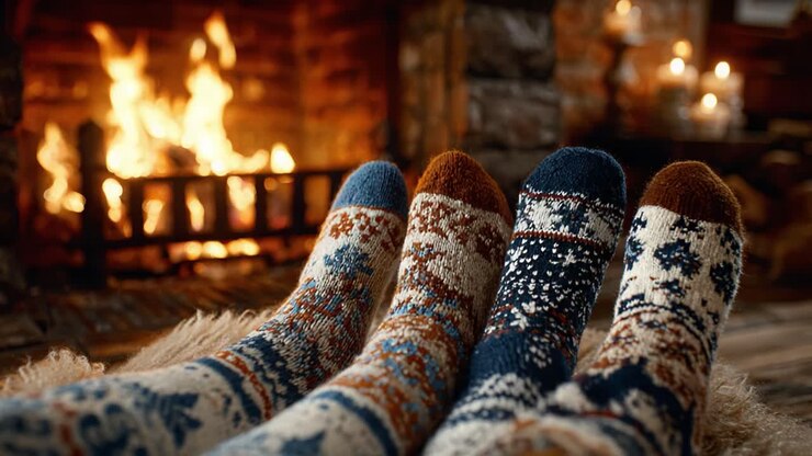 Comodità accogliente: una scena commovente di calzini colorati di lana accanto a un caminetto scoppiettante, che cattura perfettamente l'essenza del calore e della familiarità invernali