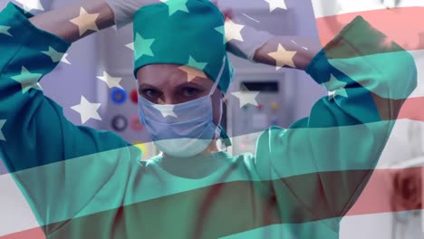 animation of usa flag with healthcare worker in background during coronavirus pandemic