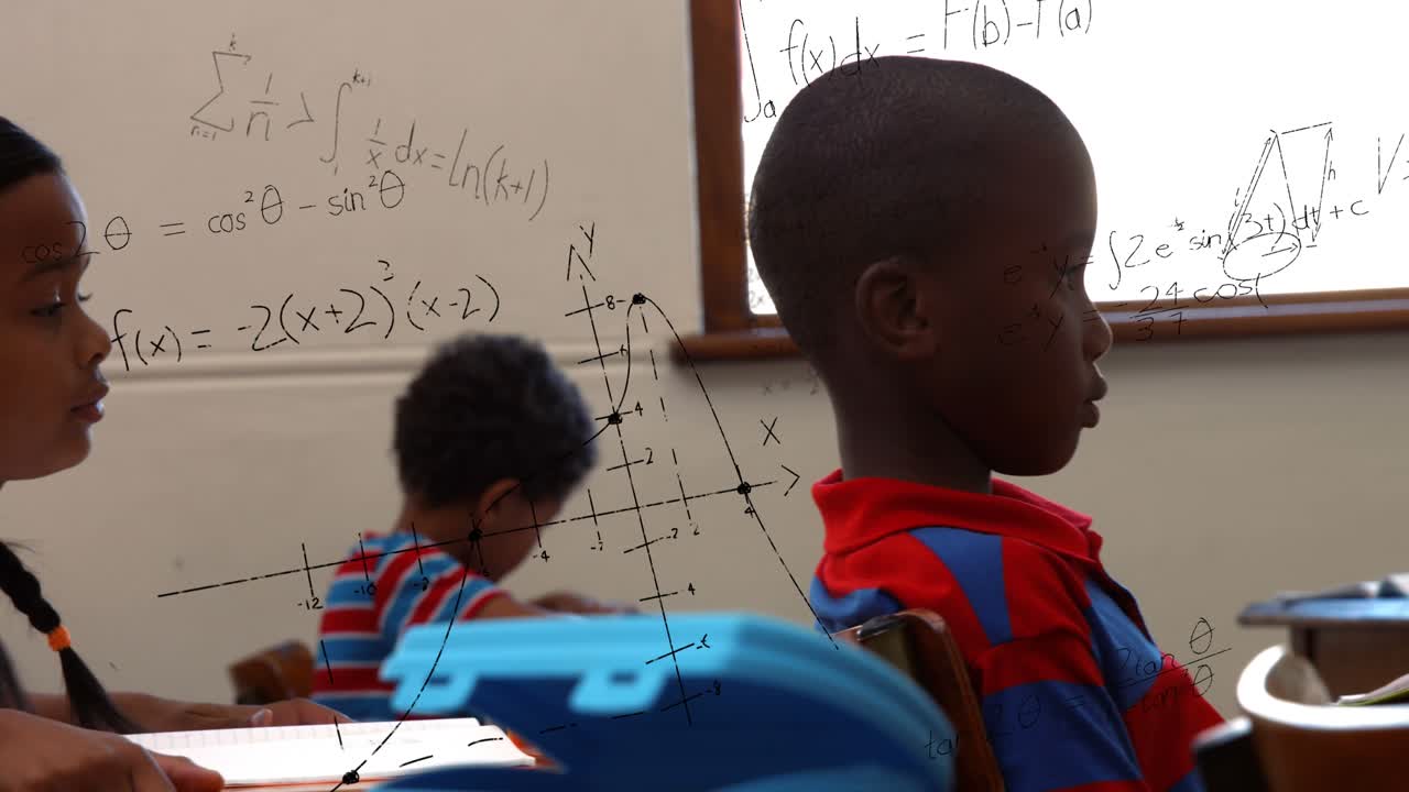 Animation of math formulas over african american children learning at school