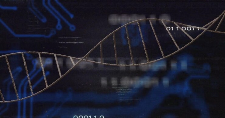 Vertical video: DNA helix undulating, sliding as circuit traces and binary appear, visualizing data