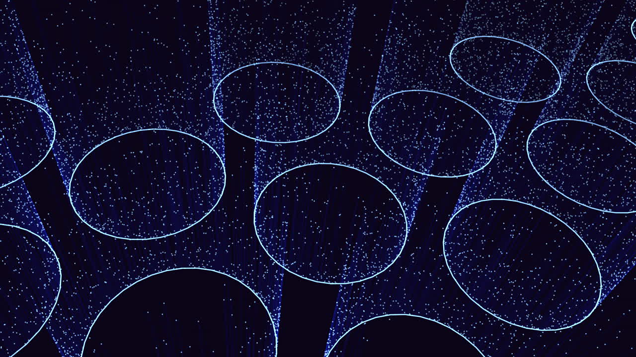 Abstract footage of blue particles streaming in vertical columns and forming glowing circular rings on dark background, representing digital network, data flow, and technology