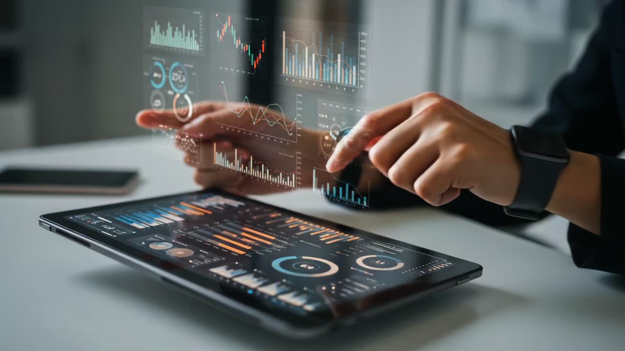 En profesjonell som jobber med dataanalyse på et nettbrett, utforsker grafer og diagrammer for innsiktsfulle forretningsbeslutningsstrategier