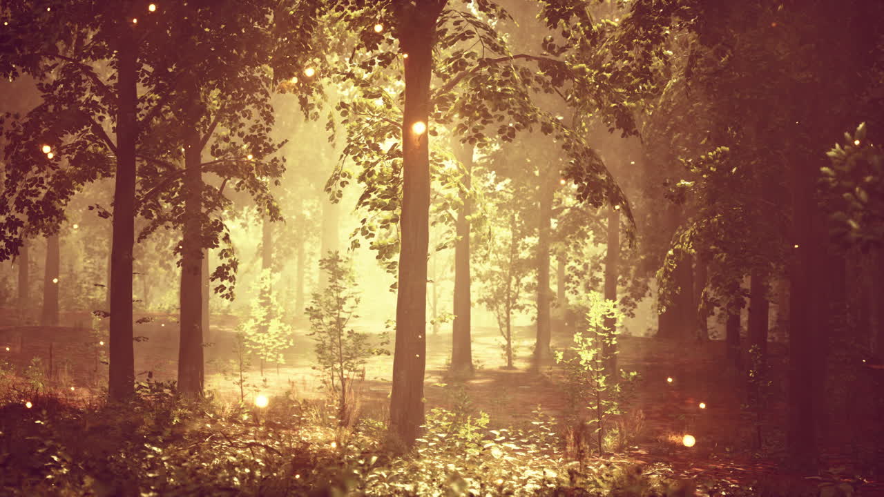 태양은 숲의 나무를 통해 빛납니다.