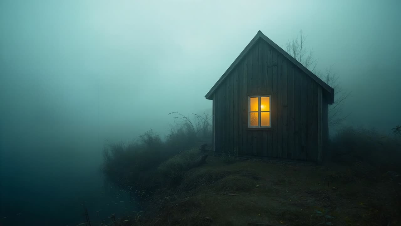 Moving camera revealing wooden cabin on misty shore, showing warm four-pane window, copy space
