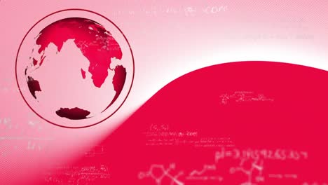 Animation-of-red-shapes-and-mathematical-equations-over-globe-on-red-background