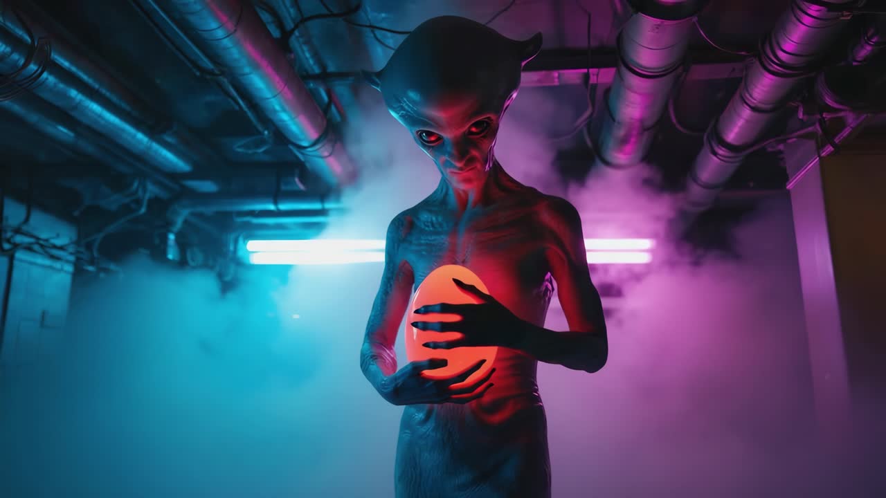 Alien holding a glowing orb in a futuristic setting