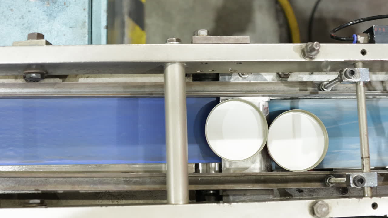 top down view of Conveyor Bel carrying product on automated line machine inside a modern factory warehouse