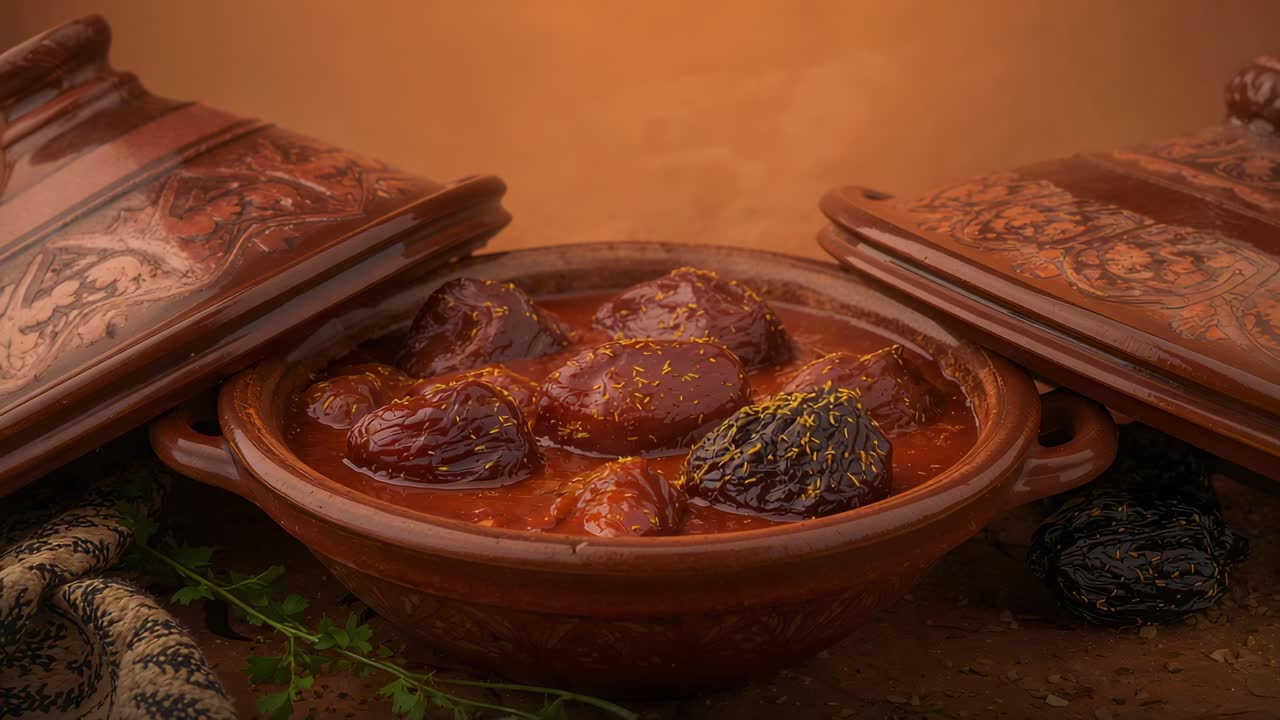Moving camera revealing clay pot stew on rustic tabletop, highlighting saffron, ornate lids, prunes