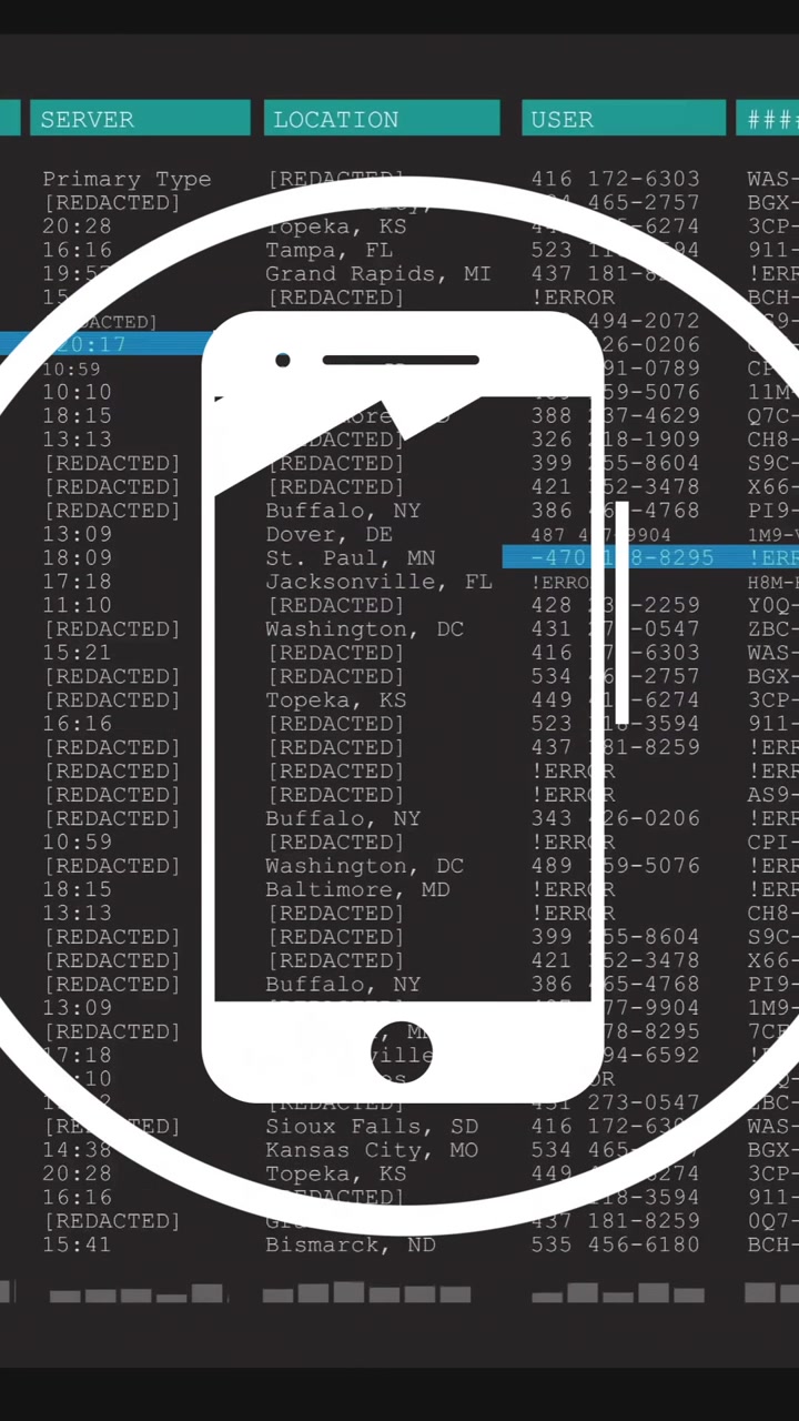 Animation of smartphone icon and data processing over black background