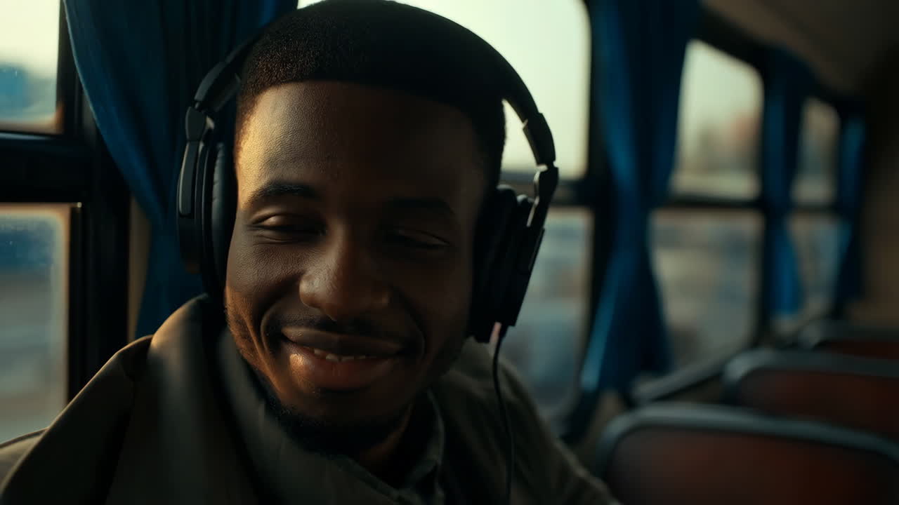 Young Man Smiling and Listening to Music on a Bus