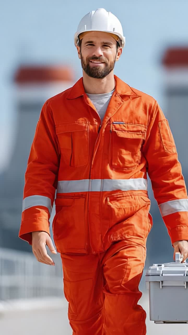 A Confident Worker in Protective Gear Walks Purposefully, Showcasing His Professionalism and Commitment to Safety in an Industrial Environment
