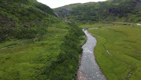 idyllic myrkdalen river at vikafjell norway with halsabakkane