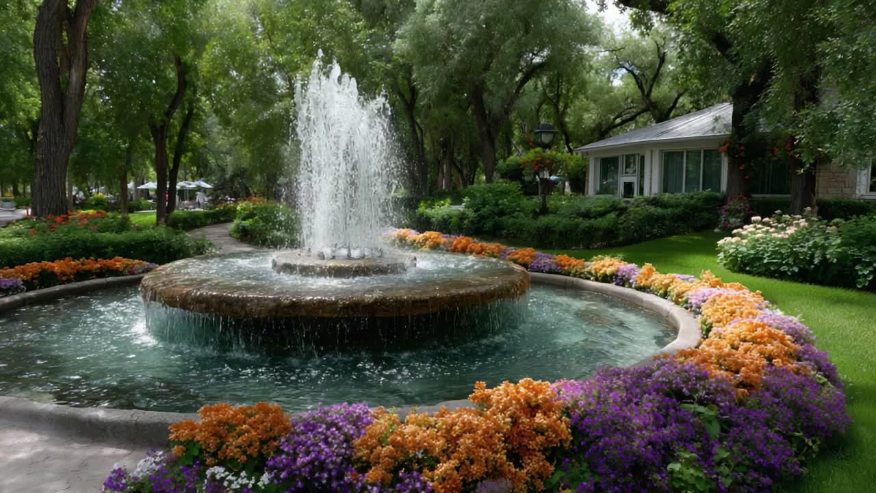 Un sereno rifugio in giardino con una maestosa fontana circondata da aiuole colorate sotto alberi verdi e lussureggianti, perfetto per il relax e la riflessione.