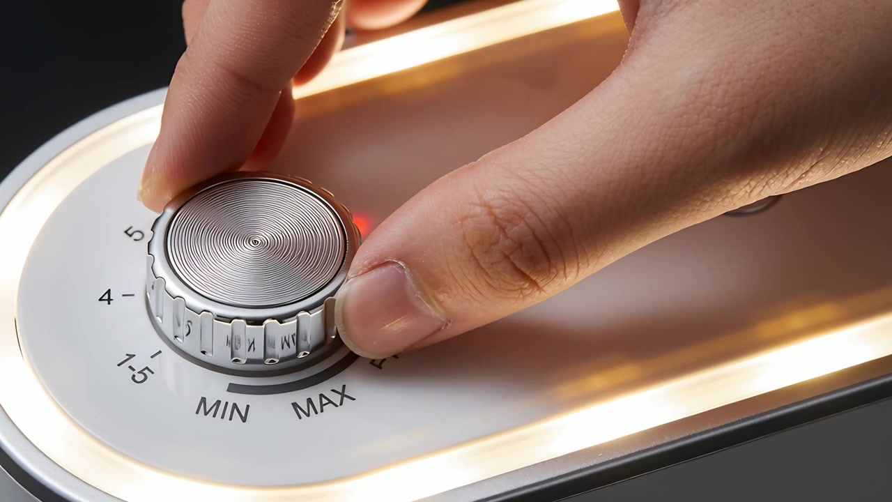 Reaching sleeved hand turning knob clockwise on warm-lit panel, increasing to MAX, red LED glowing