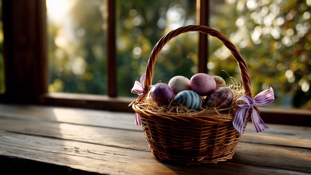 Sunlight glows through window, soft and warm. Easter basket sits on wooden table, full of colorful eggs. Purple ribbon ties basket with gentle charm. Natural light enhances festive